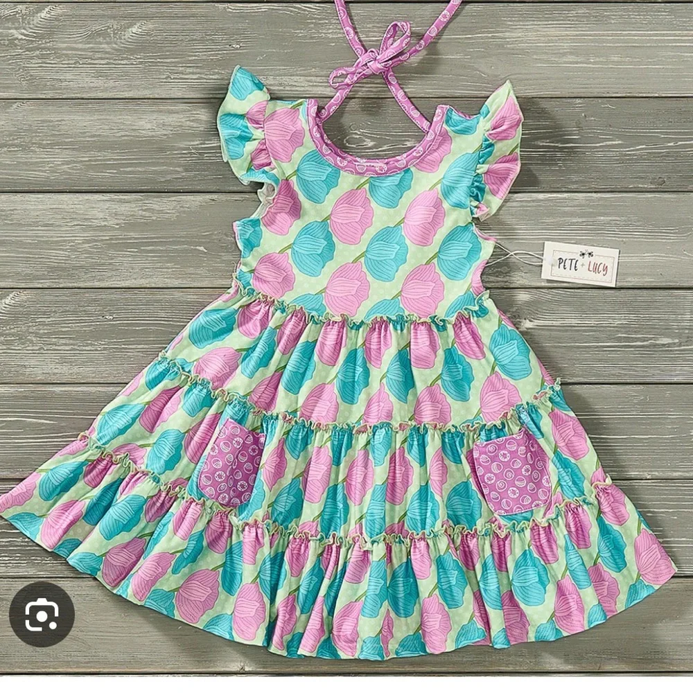 Pete + Lucy Bloomin Blossoms Colorful Kids Dress with Ruffle Sleeves, Size 5.